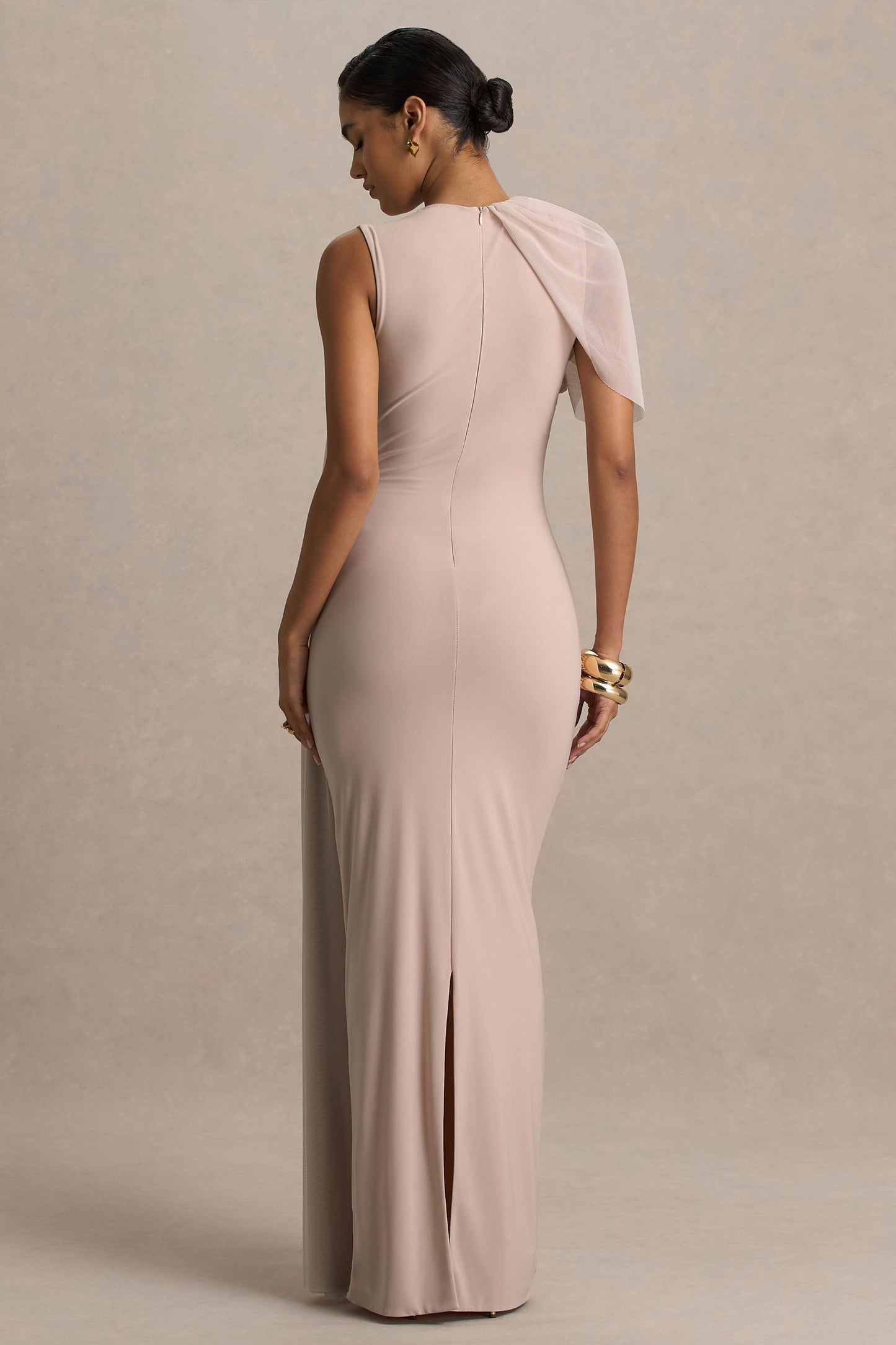 Brenda | Champagne Crew-Neck Maxi Dress With Mesh Cape And Sash