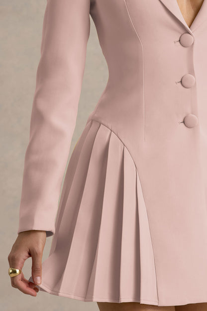 Blossoming | Baby Pink Plunge-Neck Tailored Mini Dress With Pleating