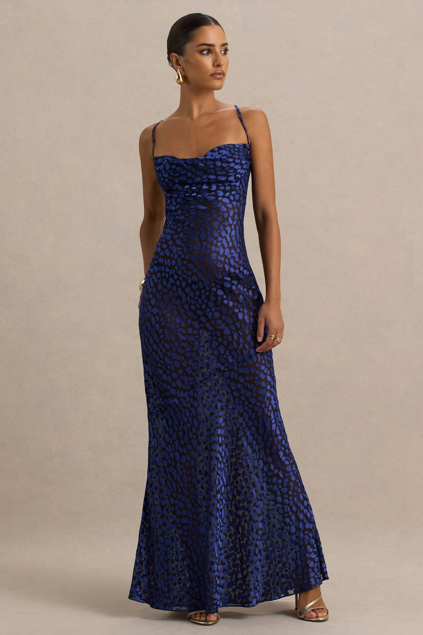 Marya | Blue Leopard Print Cowl-Neck Slip-Maxi Dress