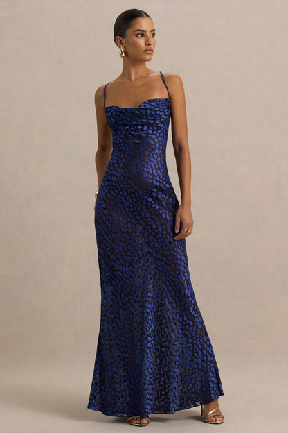 Marya | Blue Leopard Print Cowl-Neck Slip-Maxi Dress