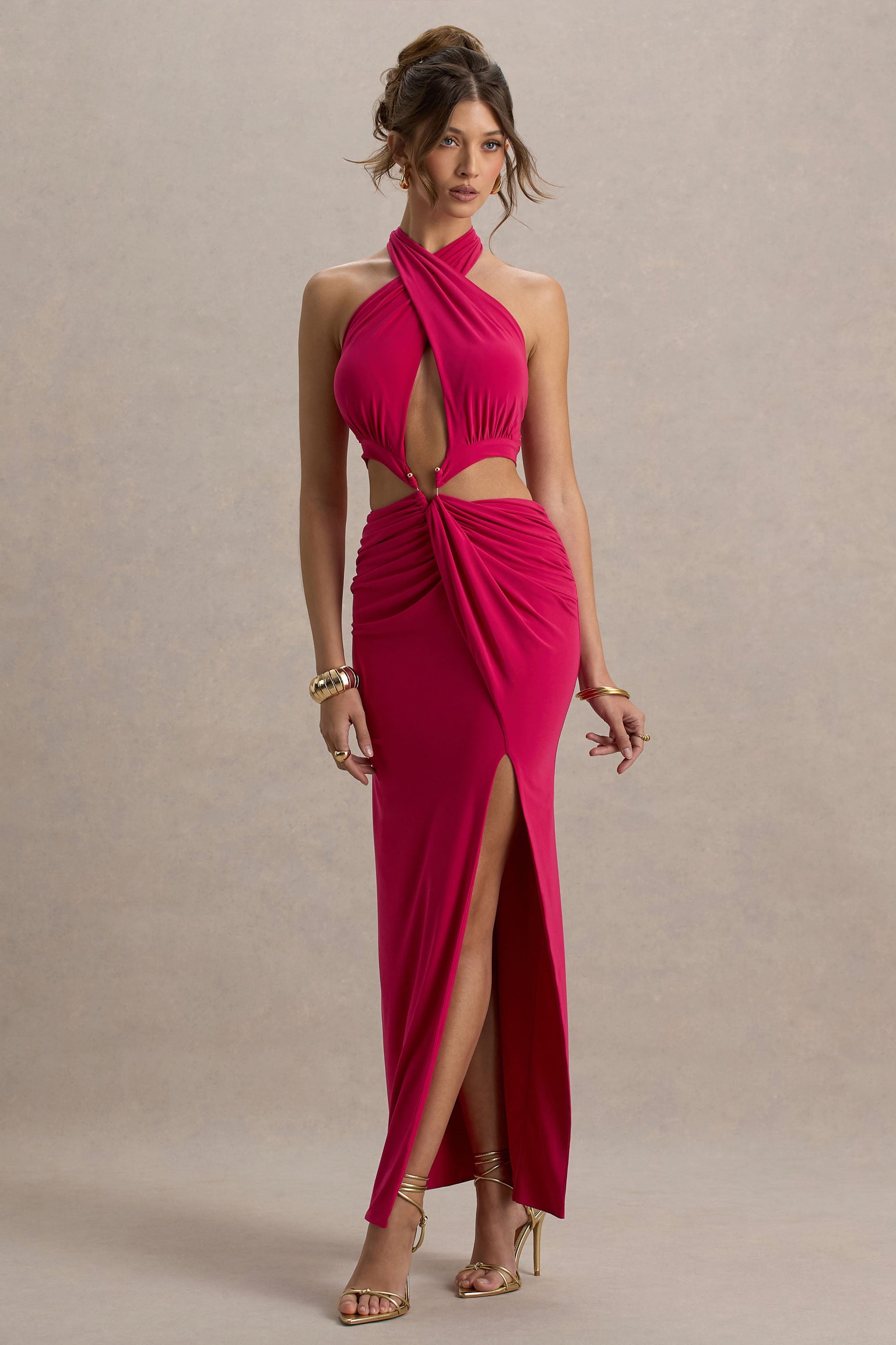 Aura | Hot Pink Halter-Neck Cut-Out Split Maxi Dress