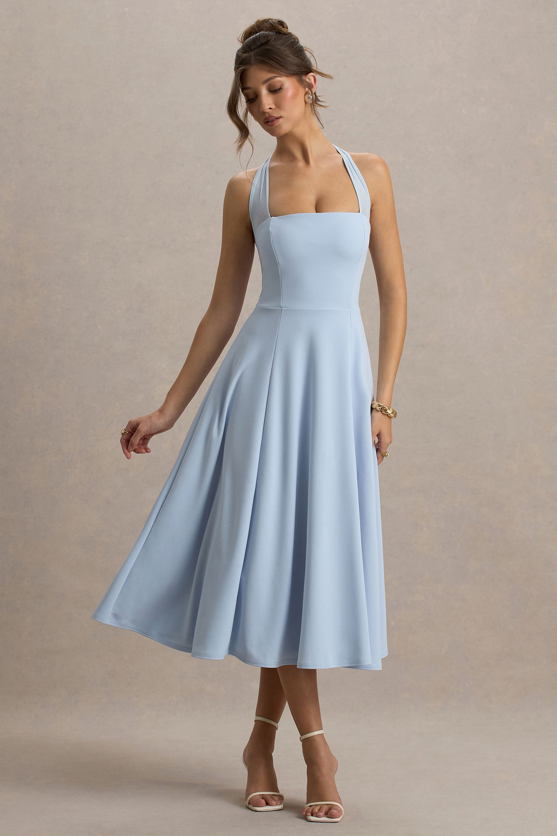 Auburn | Powder Blue Halter Skater Midi Dress