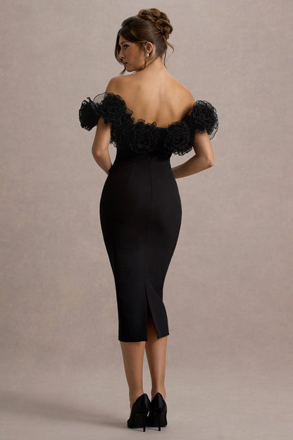Alizzi | Black Bardot Midi Dress With Ruffle Trim