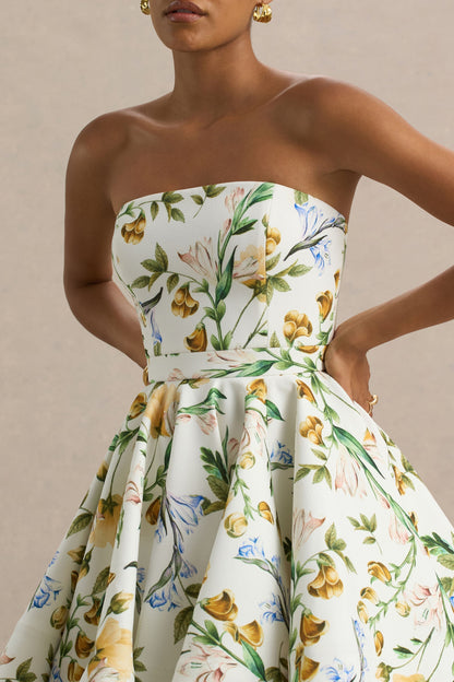 Valerian | Lemon Floral Print Bandeau Mini Dress With Ruffle Hem