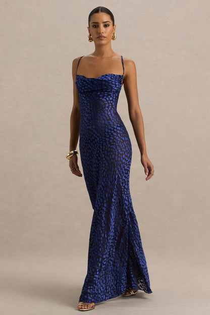 Marya | Blue Leopard Print Cowl-Neck Slip-Maxi Dress