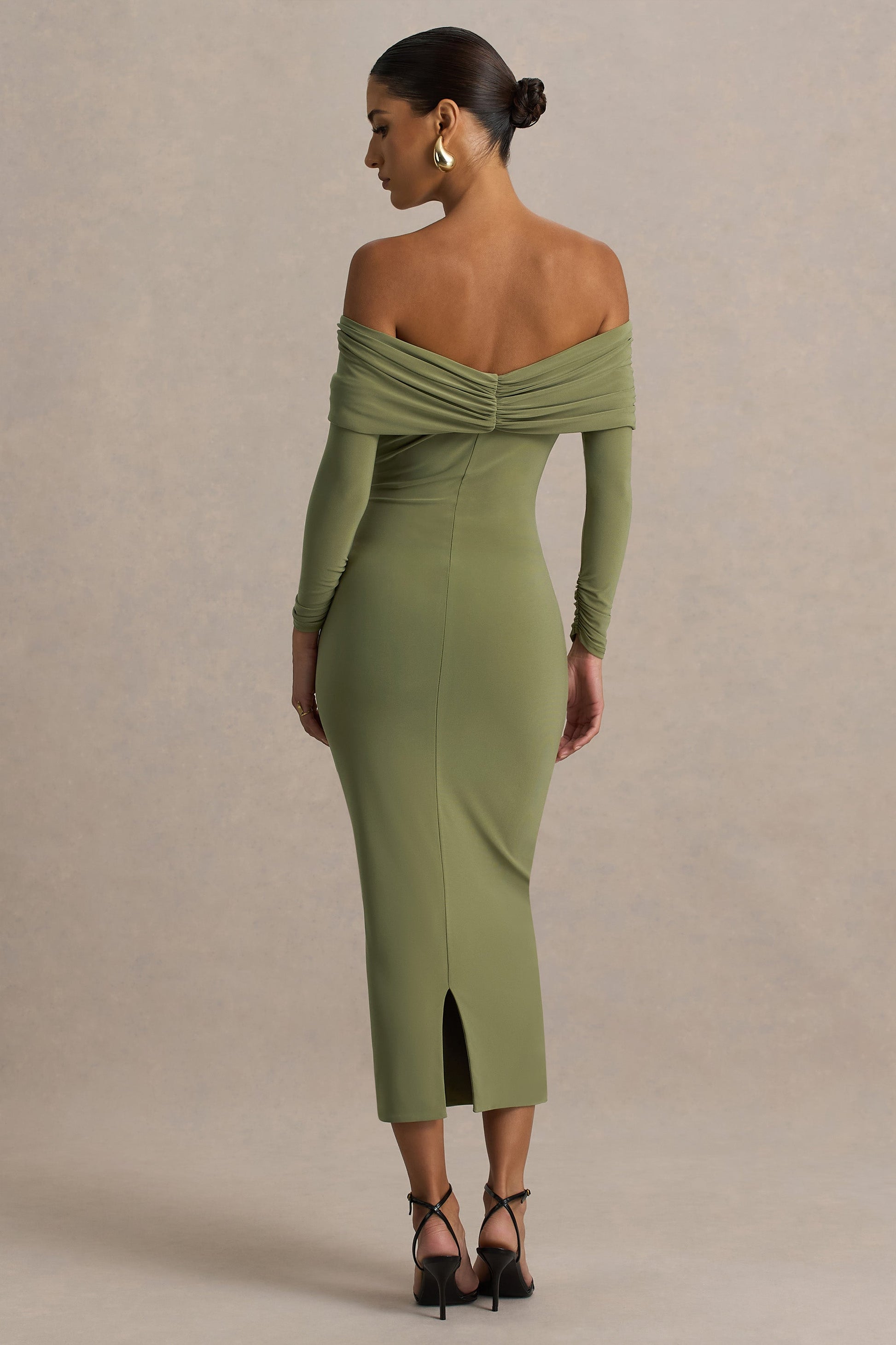 Spark | Olive Bardot-Neck Midi Dress With Bow Detail