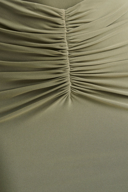 Persis | Olive High-Neck Maxi Dress With Gathered Detailing