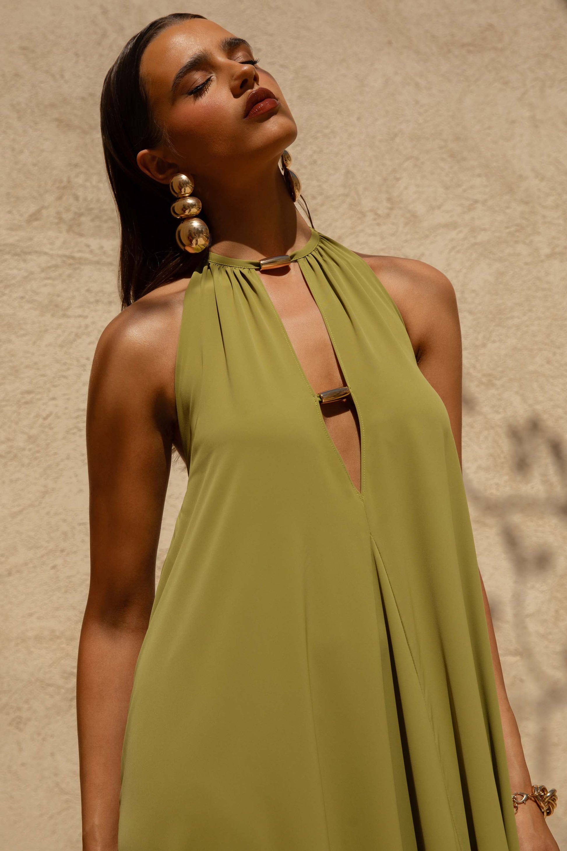 Zyon | Green High-Neck Maxi Dress with Cut-Out Details