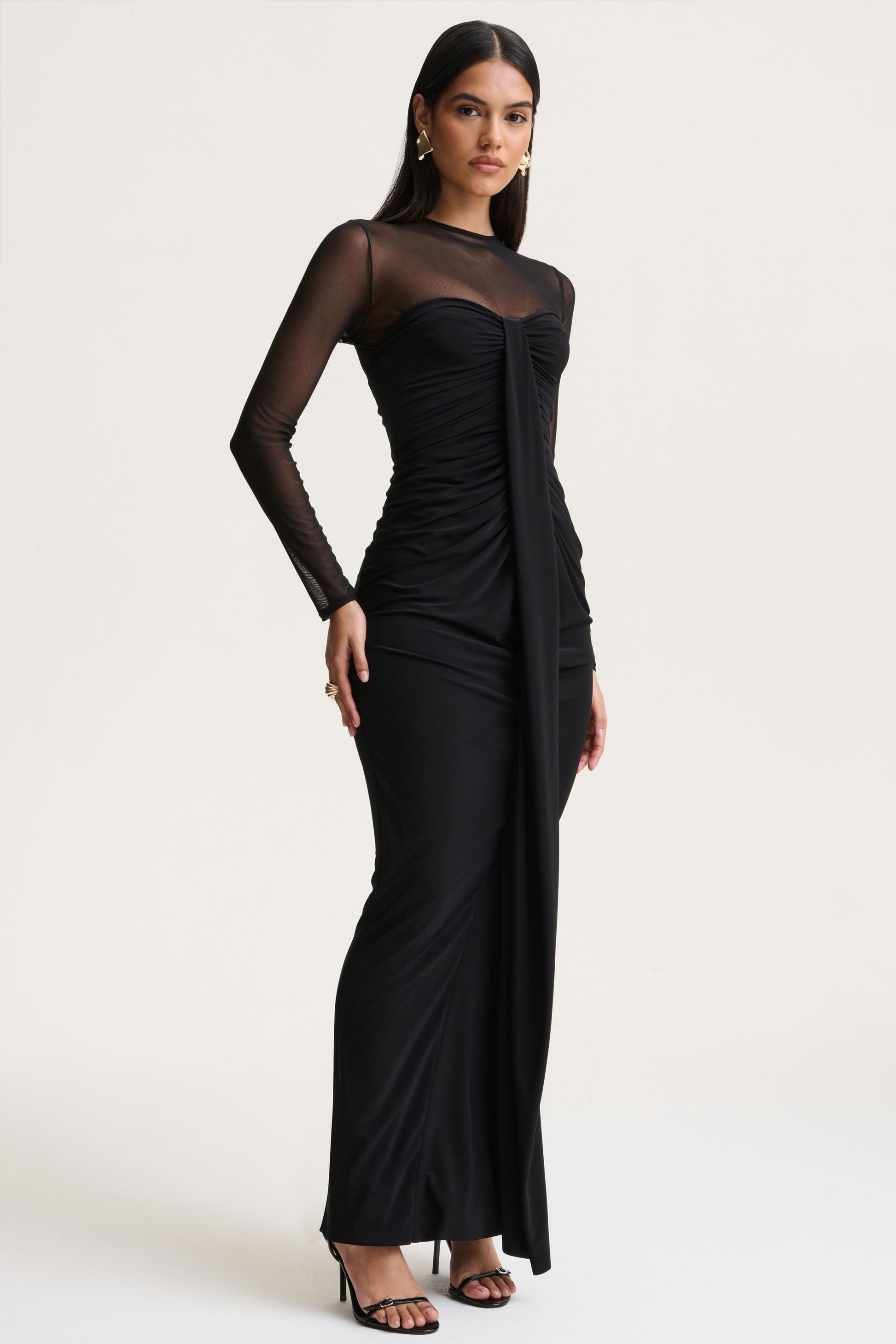 Cadenza | Black Crew-Neck Maxi Dress With Mesh And Gathered-Detailing
