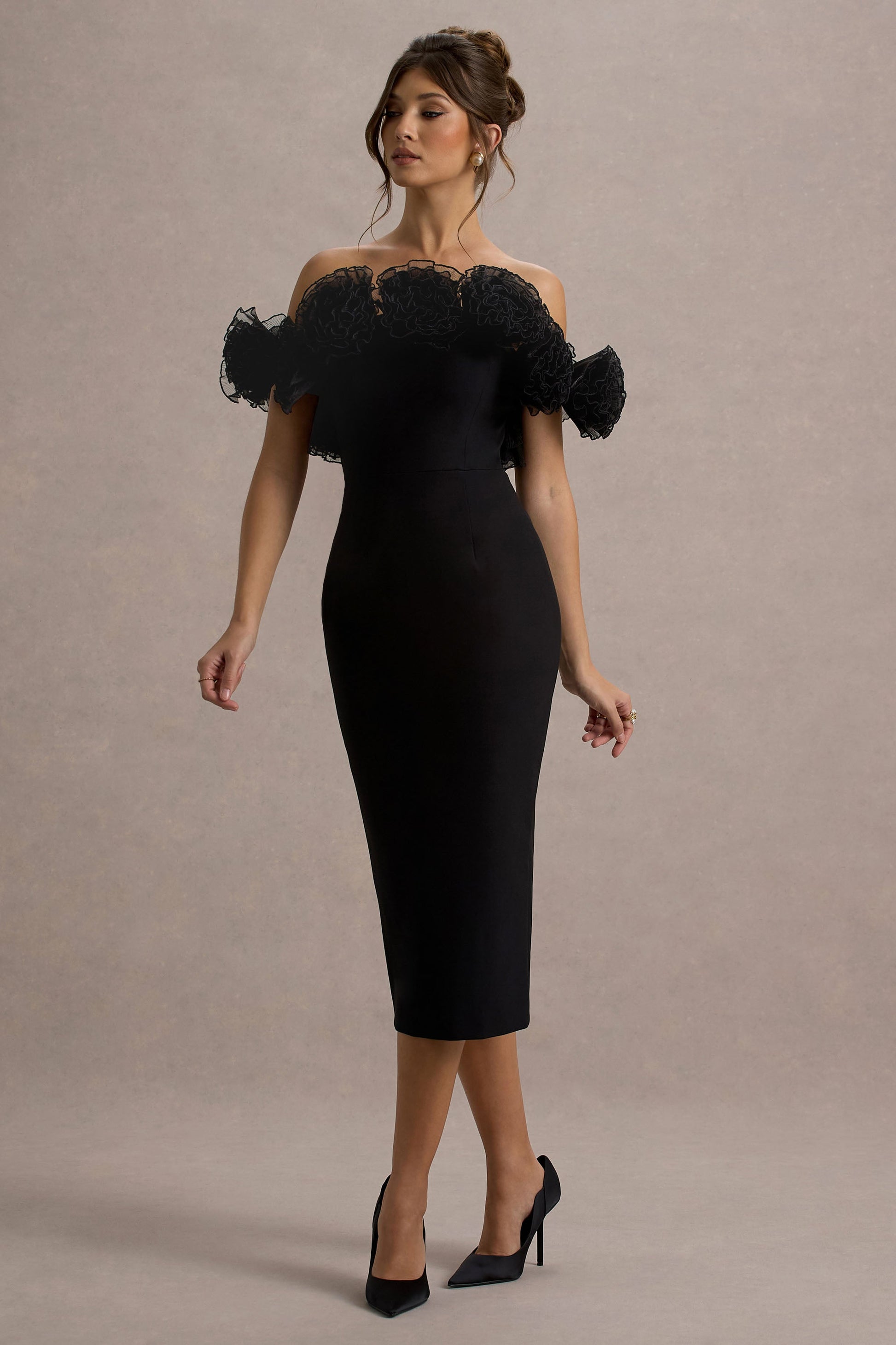Alizzi | Black Bardot Midi Dress With Ruffle Trim