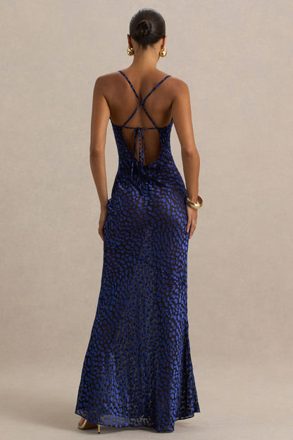 Marya | Blue Leopard Print Cowl-Neck Slip-Maxi Dress
