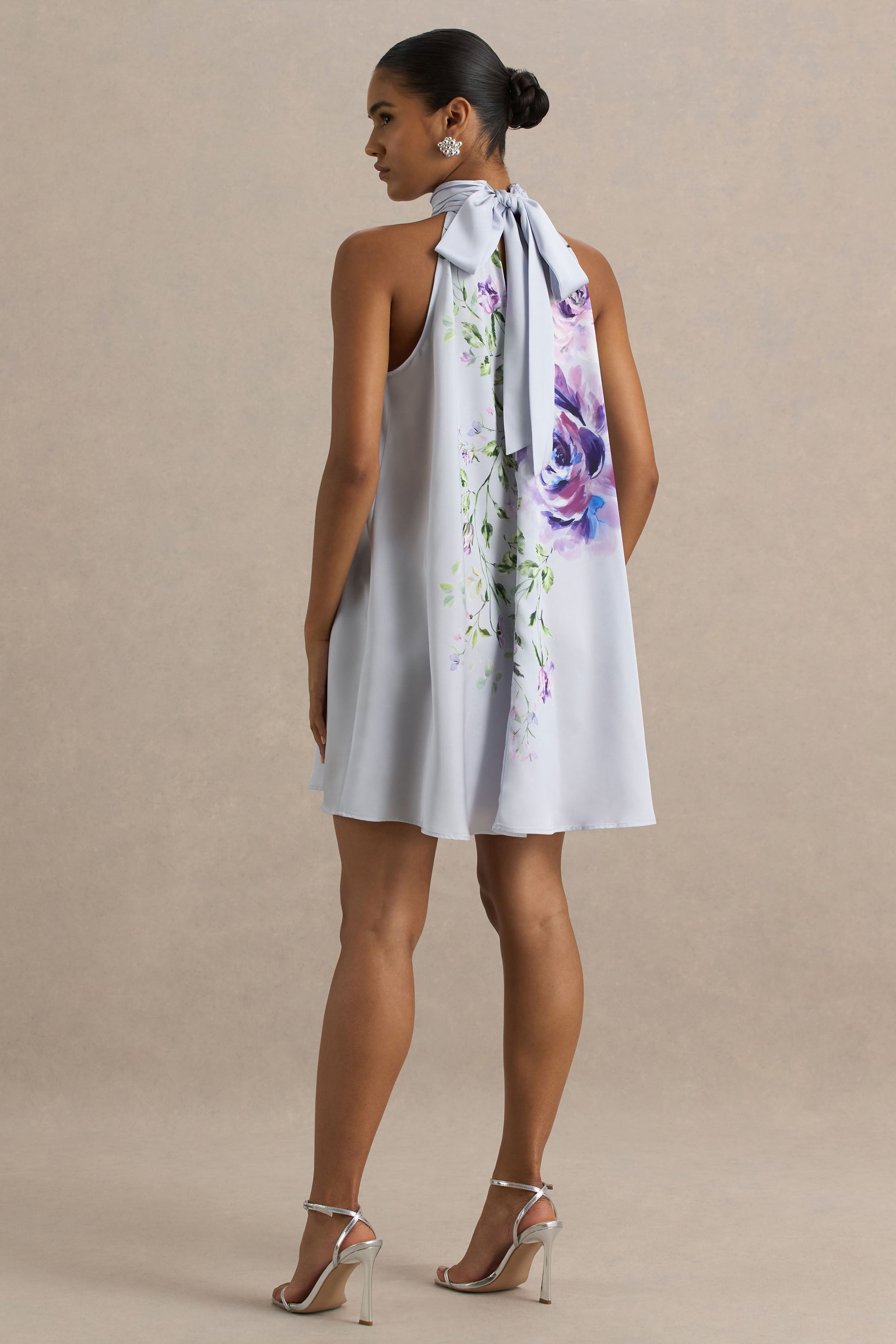 Evita | Powder Blue Rose Print High-Neck A- Mini Dress With Bow