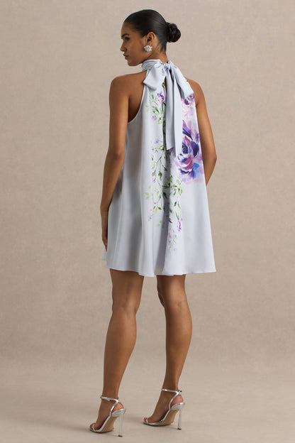 Evita | Powder Blue Rose Print High-Neck A- Mini Dress With Bow