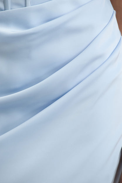 Joseline | Powder Blue Satin Corset Wrap Maxi Dress With Scarf