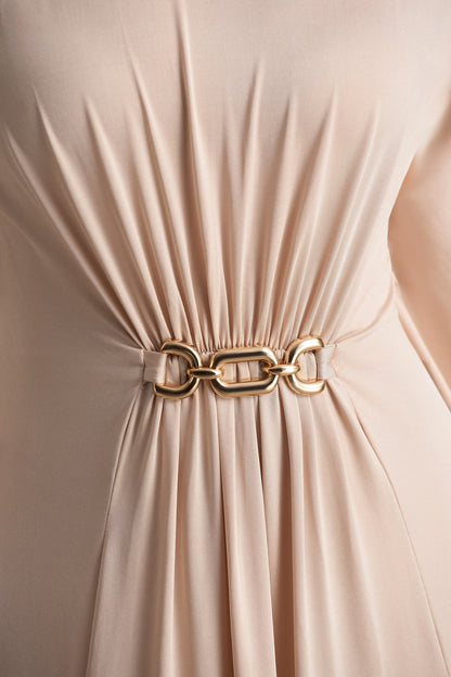 Olessia | Champagne Belted Gathered Cape-Sleeve Maxi Dress