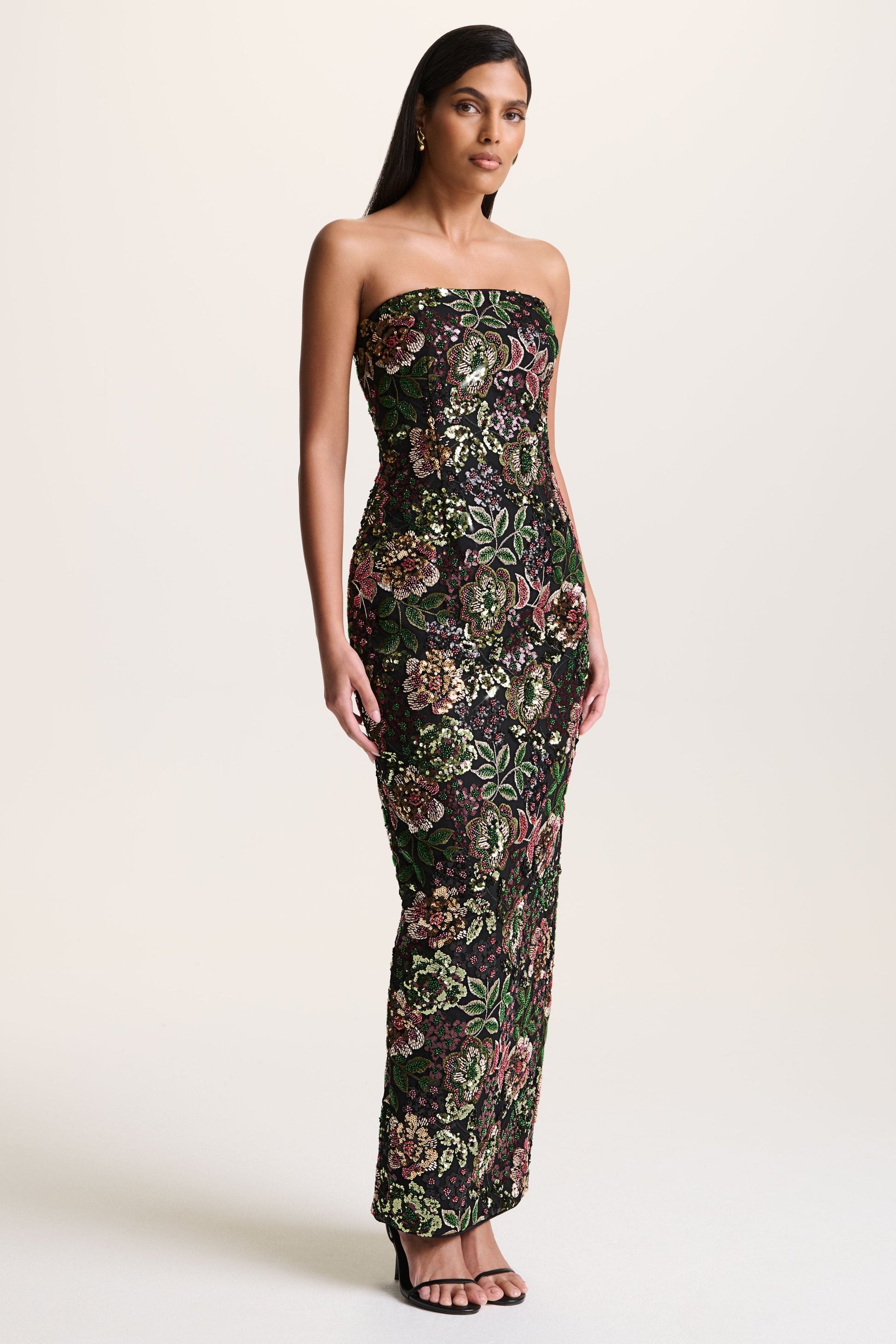 Cora | Winter Floral Embellished Mesh Bandeau Maxi Dress With Scarf