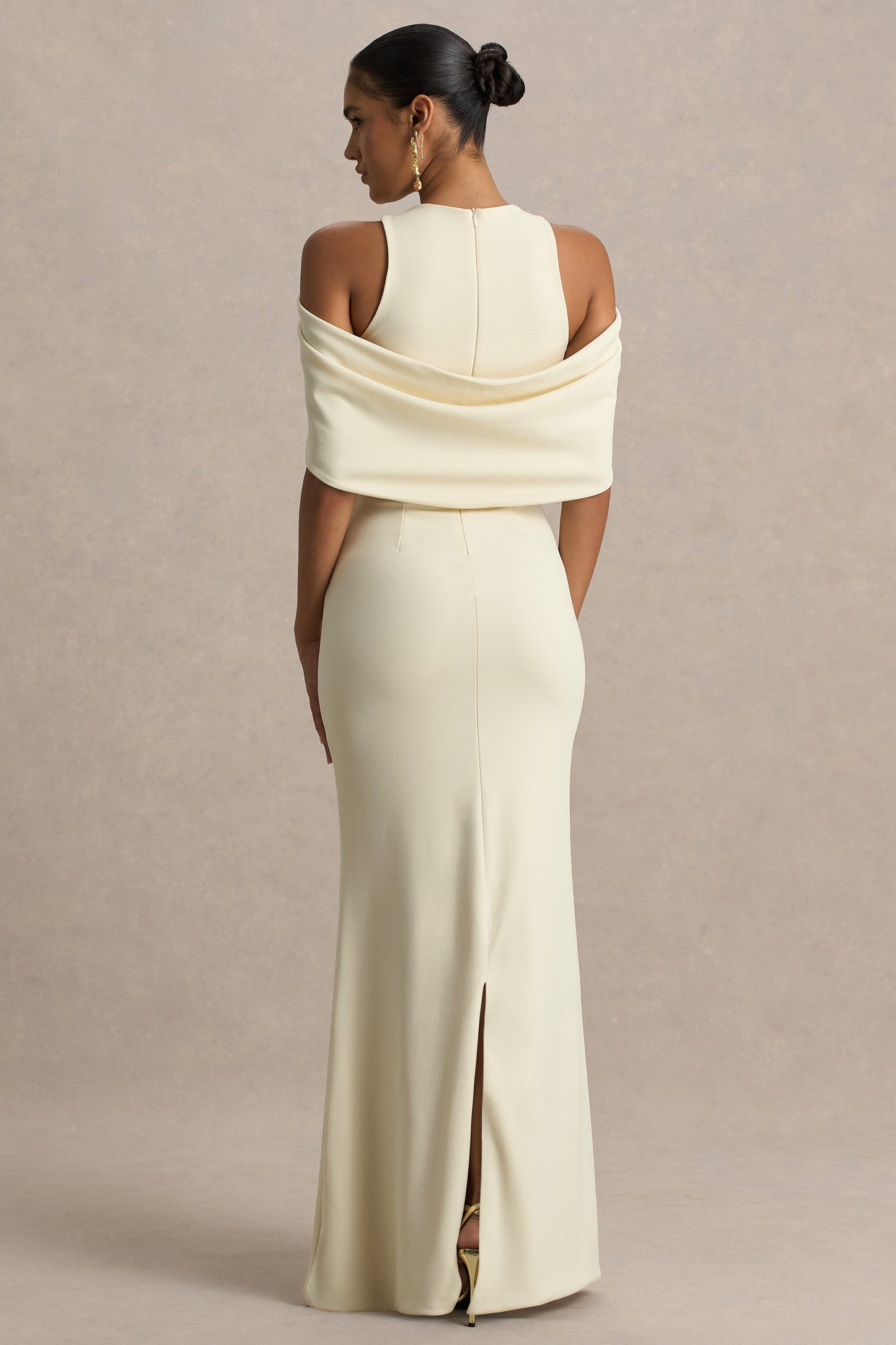 Yulia | Sand High-Neck Maxi Dress With Cape Sleeves