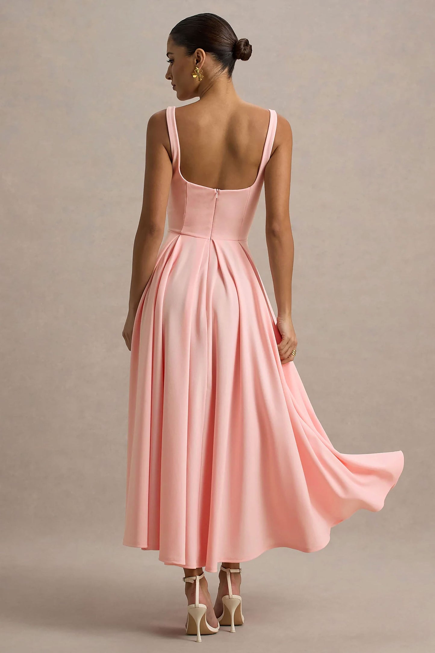 Parina | Pink Strappy Volume-Hem Midi Dress