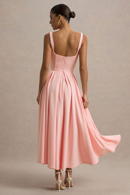 Parina | Pink Strappy Volume-Hem Midi Dress