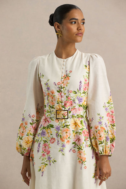 Dahlia | White Floral Border Print High-Neck Midi Dress